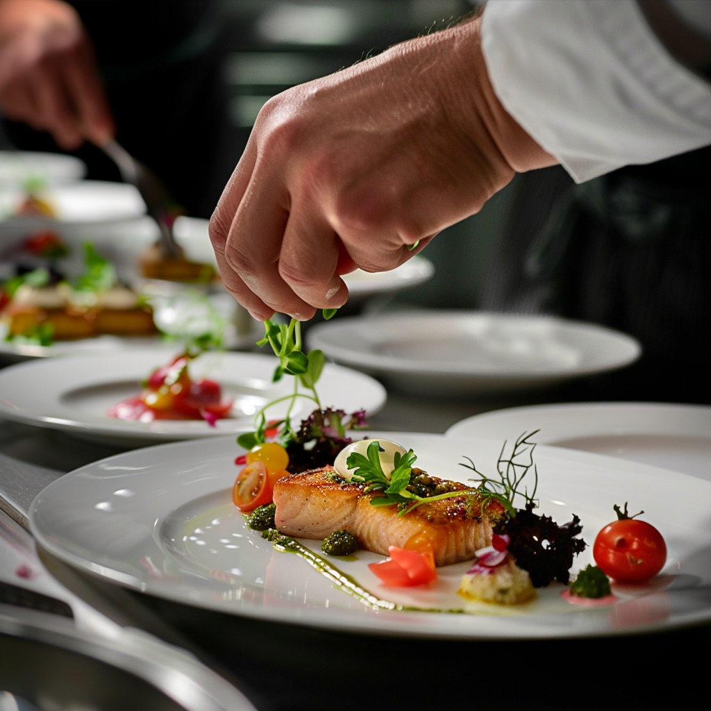 Cateringservicemünchen Fein angerichtetes Gourmetgericht wird von einem Koch mit frischen Kräutern veredelt